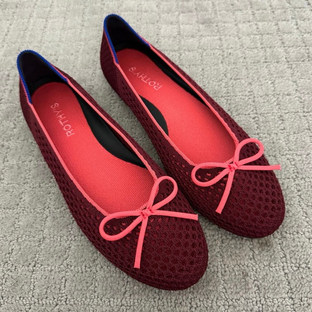 Rothy's Burgundy Flats with Pink Trim and Bow
